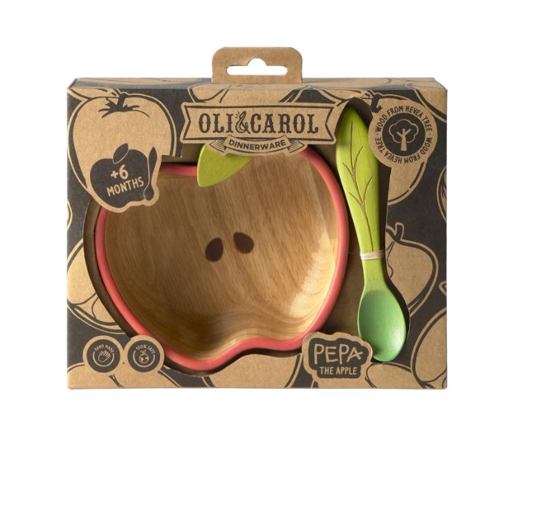 OLI & CAROL WOODEN BABY BOWL AND SPOON SET - PEPA THE APPLE