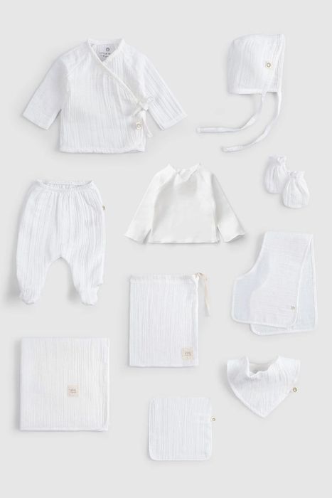 10-Piece Organic Cotton Muslin Newborn Hospital Set – White