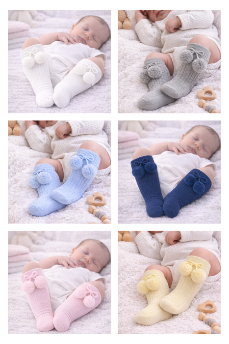 Baby Knee High Socks – Pom Pom & Bow Styles | Soft Cotton Newborn & Toddler Socks - NK05