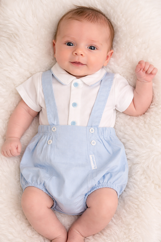 Cute Baby Boy Outfit – Blue Spanish Romper with White Top