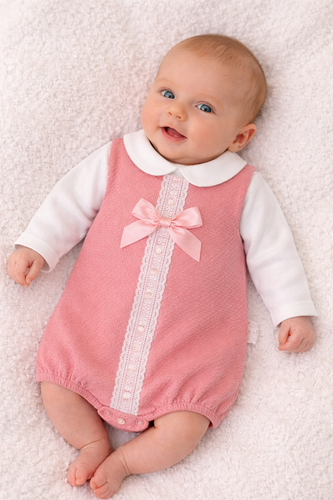 Spanish Baby Girl Pink Romper – Lace & Bow Detail