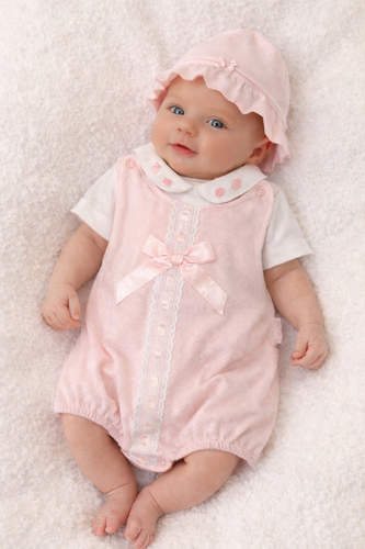 Spanish Baby Girl Pink Romper & Hat Set – Lace & Bow Detail