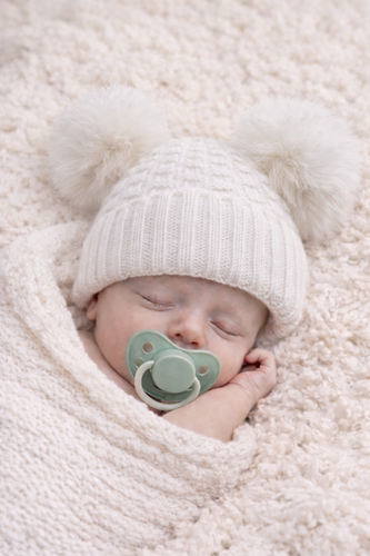 Newborn Baby Hat – White Knit with Double Pom Poms