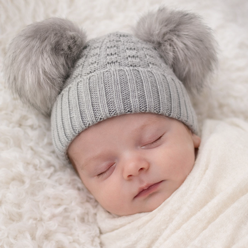 Newborn Baby Hat – Grey Knit with Double Pom Poms