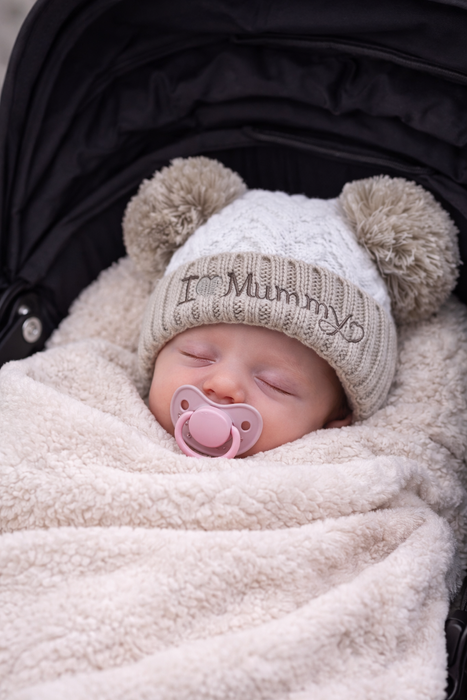 Luxury Baby Hat Set – “I Love Mummy & Daddy” Pom Pom Hats