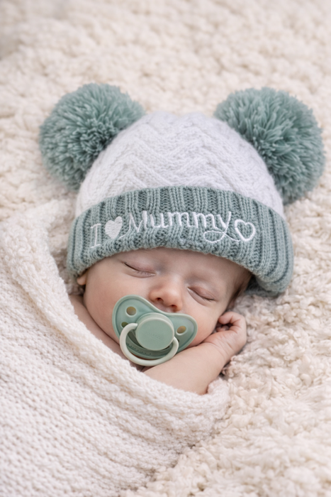 Luxury Baby Hat Set – “I Love Mummy & Daddy” Pom Pom Hats