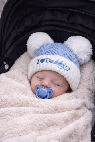 Luxury Baby Hat Set – “I Love Mummy & Daddy” Pom Pom Hats