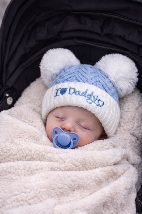 Luxury Baby Hat Set – “I Love Mummy & Daddy” Pom Pom Hats