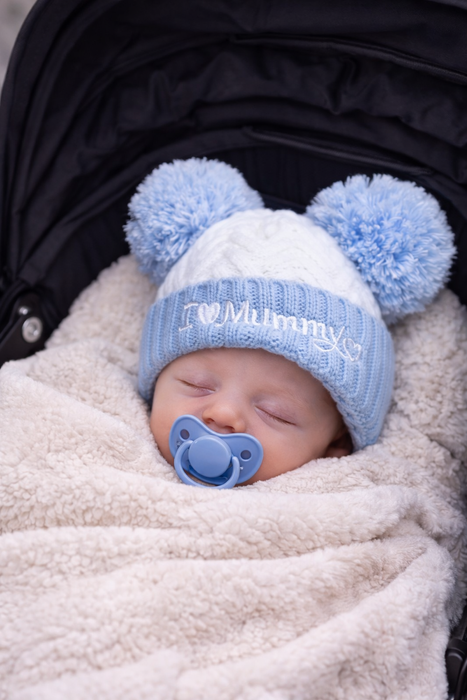 Luxury Baby Hat Set – “I Love Mummy & Daddy” Pom Pom Hats