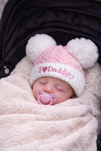 Luxury Baby Hat Set – “I Love Mummy & Daddy” Pom Pom Hats