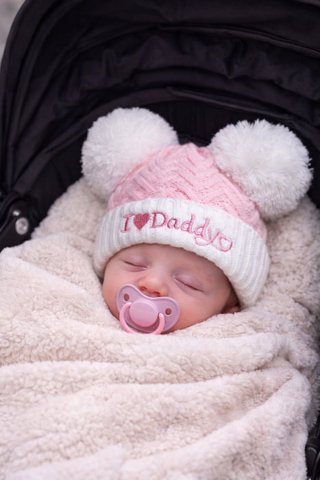 Luxury Baby Hat Set – “I Love Mummy & Daddy” Pom Pom Hats