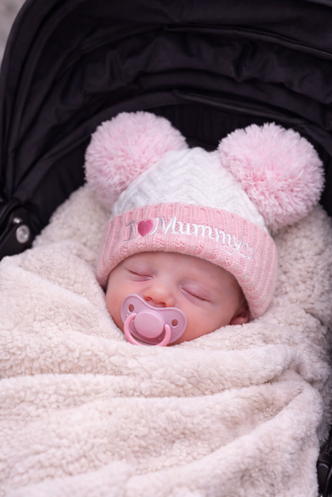 Luxury Baby Hat Set – “I Love Mummy & Daddy” Pom Pom Hats