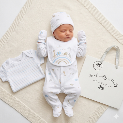 Newborn 5 Piece Baby Gift Set with Gift Bag – Unisex Safari Design