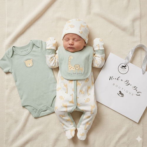 Newborn 5 Piece Baby Gift Set with Gift Bag – Unisex Safari Design