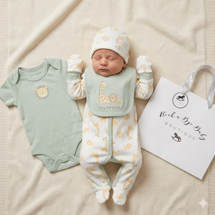 Newborn 5 Piece Baby Gift Set with Gift Bag – Unisex Safari Design