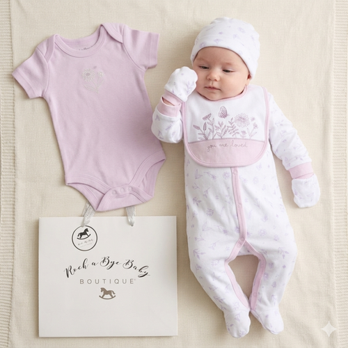 Newborn 5 Piece Baby Gift Set with Gift Bag – Lilac Floral Design