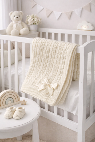 Luxury Baby Blanket Set – Cream Cable Knit with Bow