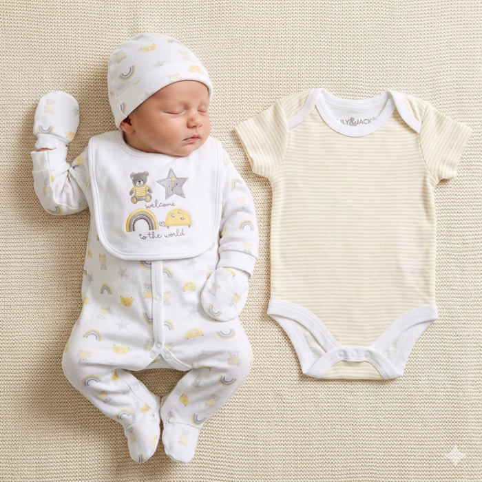 5-Piece Newborn Baby Gift Set – Safari Rainbow Print Sleepsuit & Bodysuit
