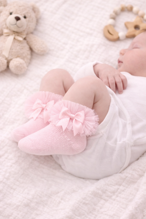 Newborn Baby Girl Socks with Lace Frill & Bow – 3 Colour Options