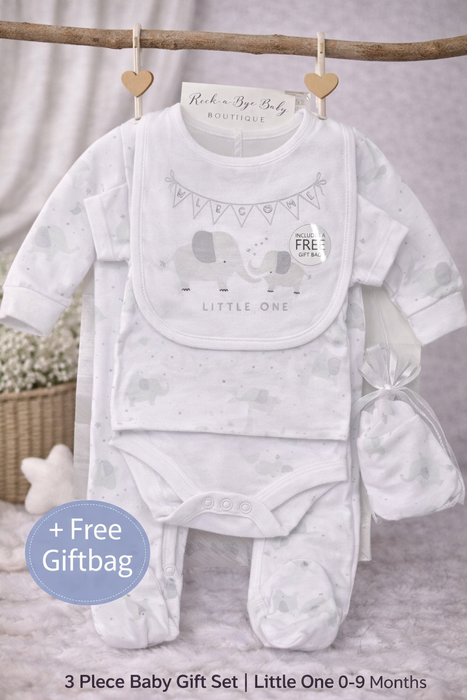 5-Piece Neutral Baby Gift Set – Elephant “Little One” Newborn Outfit