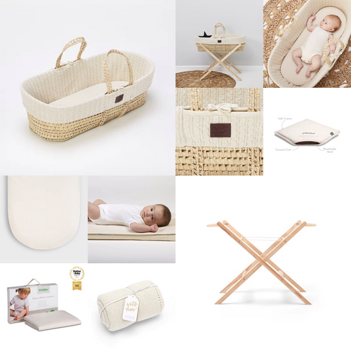 NATURAL KNITTED MOSES BASKET, MATTRESS & STAND - LINEN