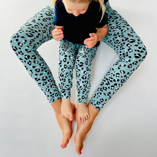 Aqua 'Leopard spot' Adult Organic cotton leggings and matching kids!