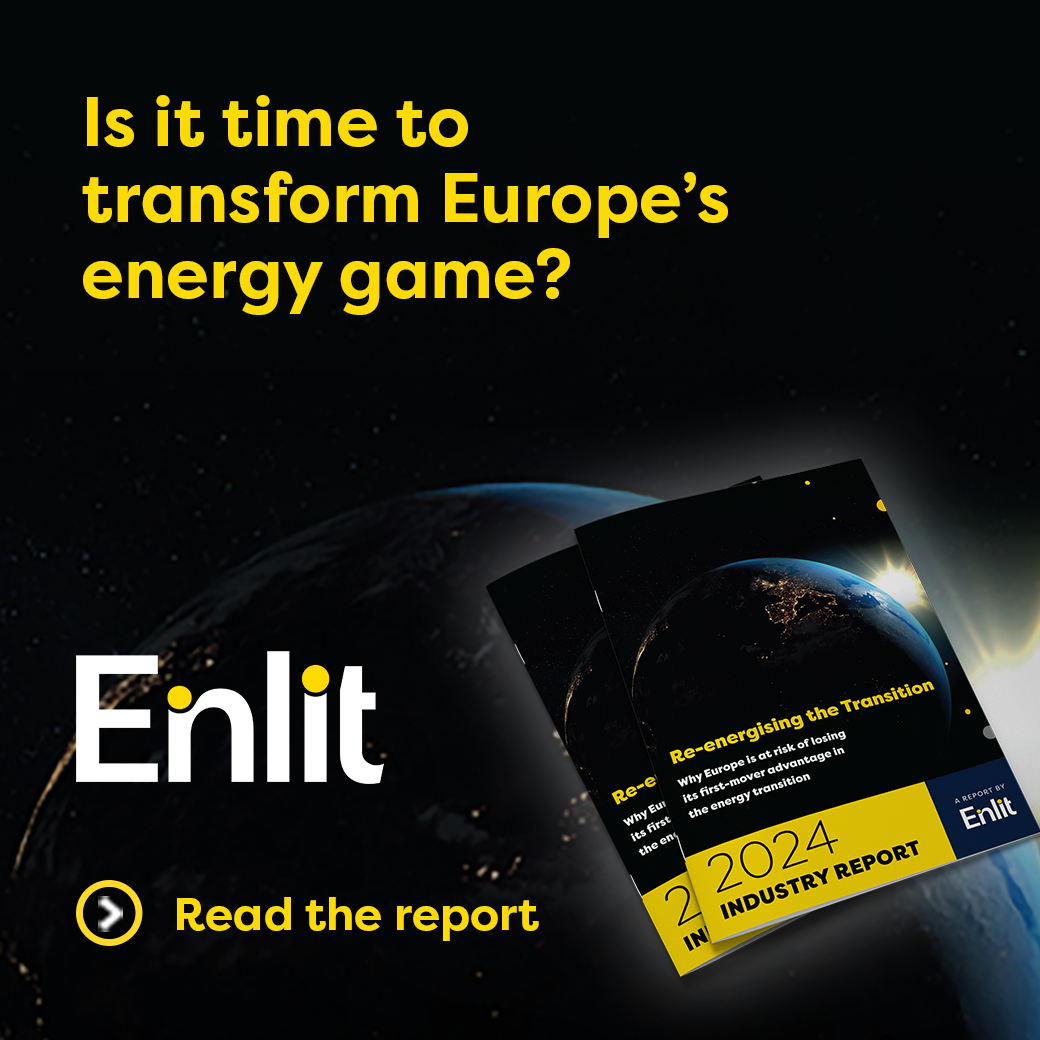 Enlit Europe 2024 industry report banner, the report the report includes recommendations to re-ignite Europe’s energy transition
