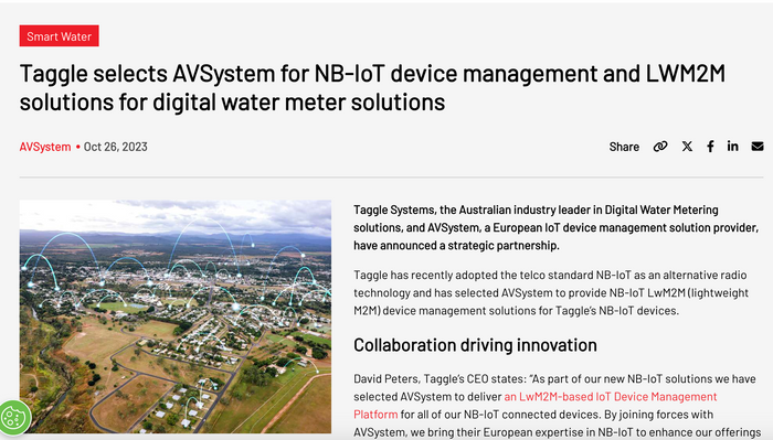 Taggle selects AVSystem for NB-IoT device management and LWM2M solutions for digital water meter solutions