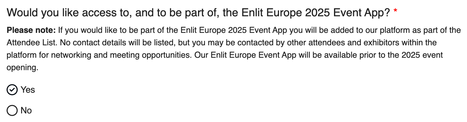 Enlit Europe 2025 registration app question screenshot