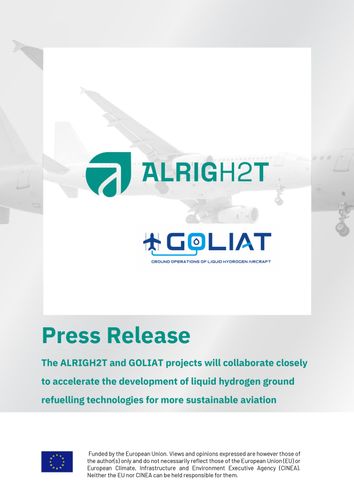 The ALRIGH2T and GOLIAT projects will collaborate closely  to accelerate the development of liquid hydrogen ground  refuelling technologies for more sustainable aviation