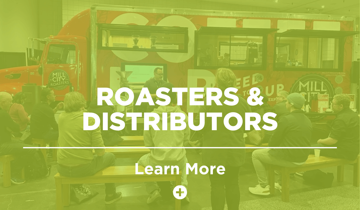 Mill City Roasters giving education session at the Big Red Roast Rig on the show floor with an overlay and text that reads 