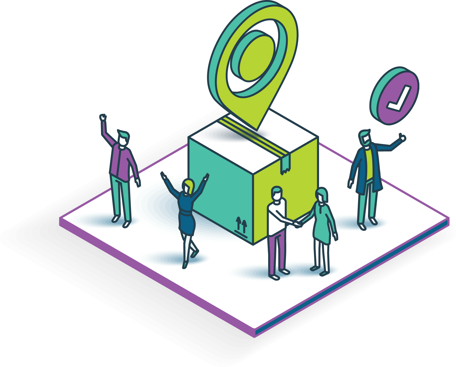 Graphic of: Attendees and exhibitors waving and shaking hands