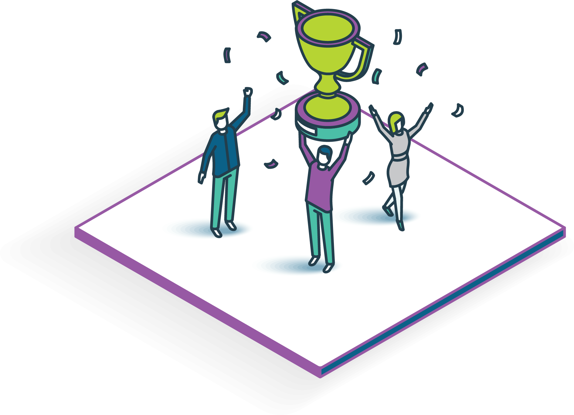 Graphic of: exhibitor hoisting up trophy and confetti