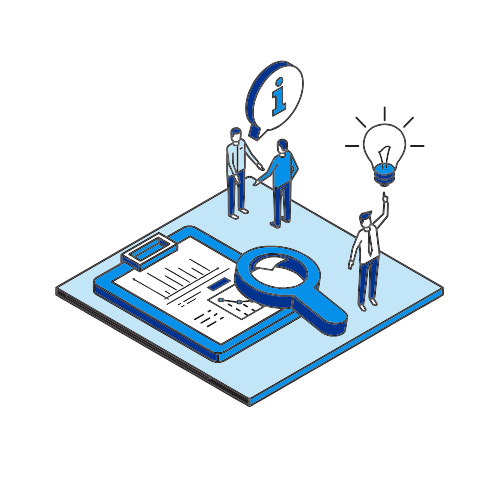Exhibitor with a lightbulb over their head looking a a graph, maginifying glass and clipboard with data
