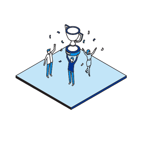 Graphic of: exhibitor hoisting up trophy and confetti