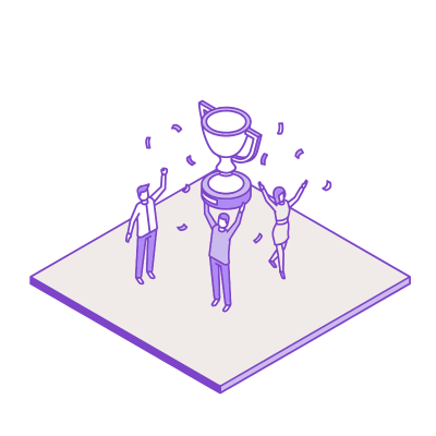 Graphic of: exhibitor hoisting up trophy and confetti