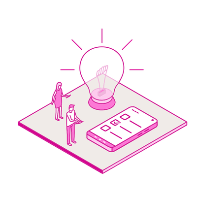 Graphic of two exhibitors scanning with their cell phones, cell phone and lightbulb