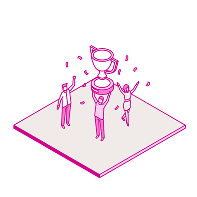 Graphic of: exhibitor hoisting up trophy and confetti