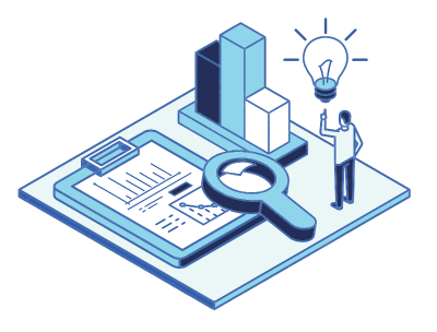 Exhibitor with a lightbulb over their head looking a a graph, maginifying glass and clipboard with data