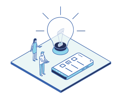 Graphic of two exhibitors scanning with their cell phones, cell phone and lightbulb