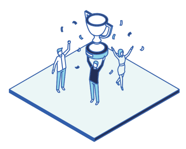 Graphic of: exhibitor hoisting up trophy and confetti