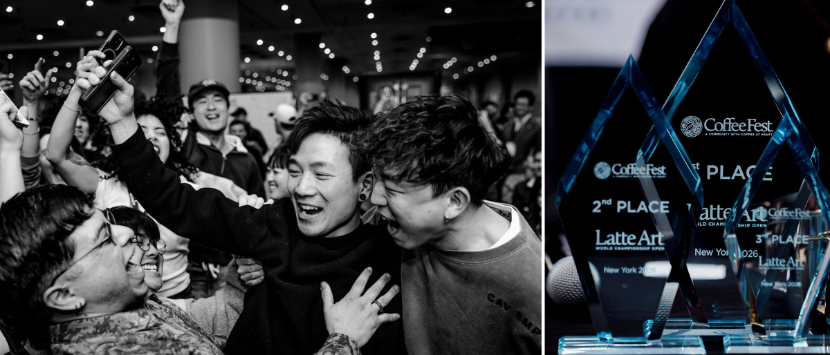 On left: competitors celebrating winner, on right: top 3 place trophies sitting on judges table