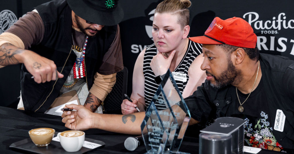 Judges assessing a pour - from left: Guest Judge, Terika Raak (Head Judge), Antoine Franklin (Judge)