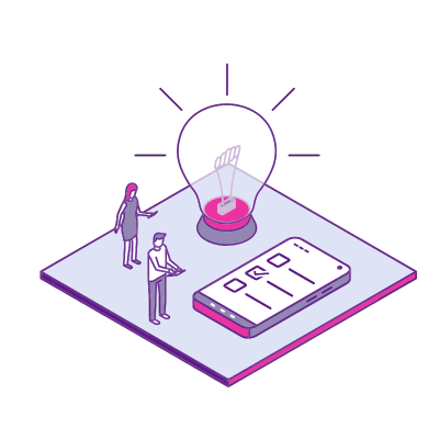 Graphic of two exhibitors scanning with their cell phones, cell phone and lightbulb