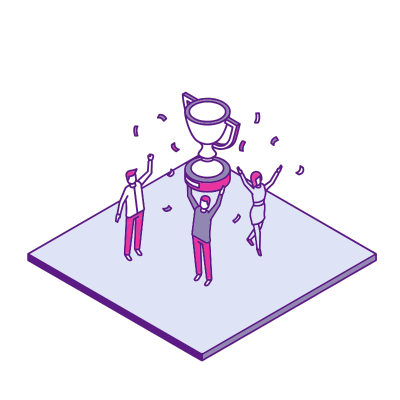 Graphic of: exhibitor hoisting up trophy and confetti