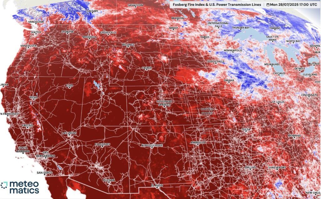 A map shows the Fosbergy Fire Index alongside U.S. power transmission lines. Courtesy: Meteomatics