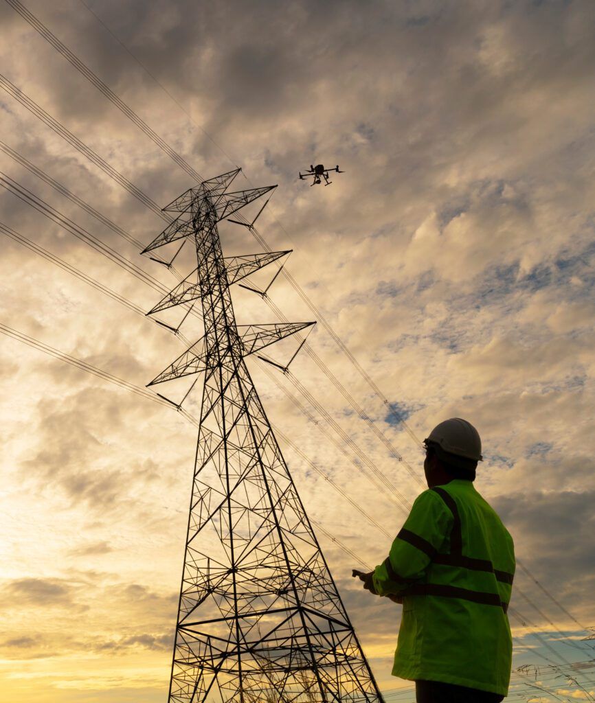 A utility worker inspects a transmission line asset with a drone. Courtesy: Cyberhawk