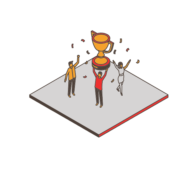 Graphic of: exhibitor hoisting up trophy and confetti