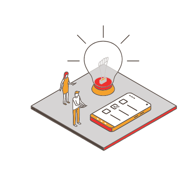 Graphic of two exhibitors scanning with their cell phones, cell phone and lightbulb