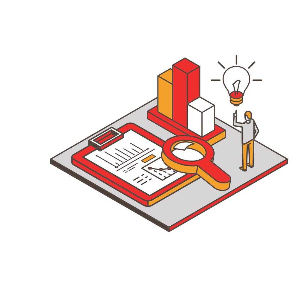 Exhibitor with a lightbulb over their head looking a a graph, maginifying glass and clipboard with data